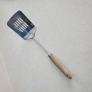 Vintage Metal Spatula Slotted Turner Wood Handle Kitchen Utensil Cooking Tool